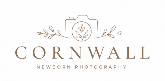 Elegant Cornwall Newborn Photography logo with a floral camera illustration in warm brown tones.