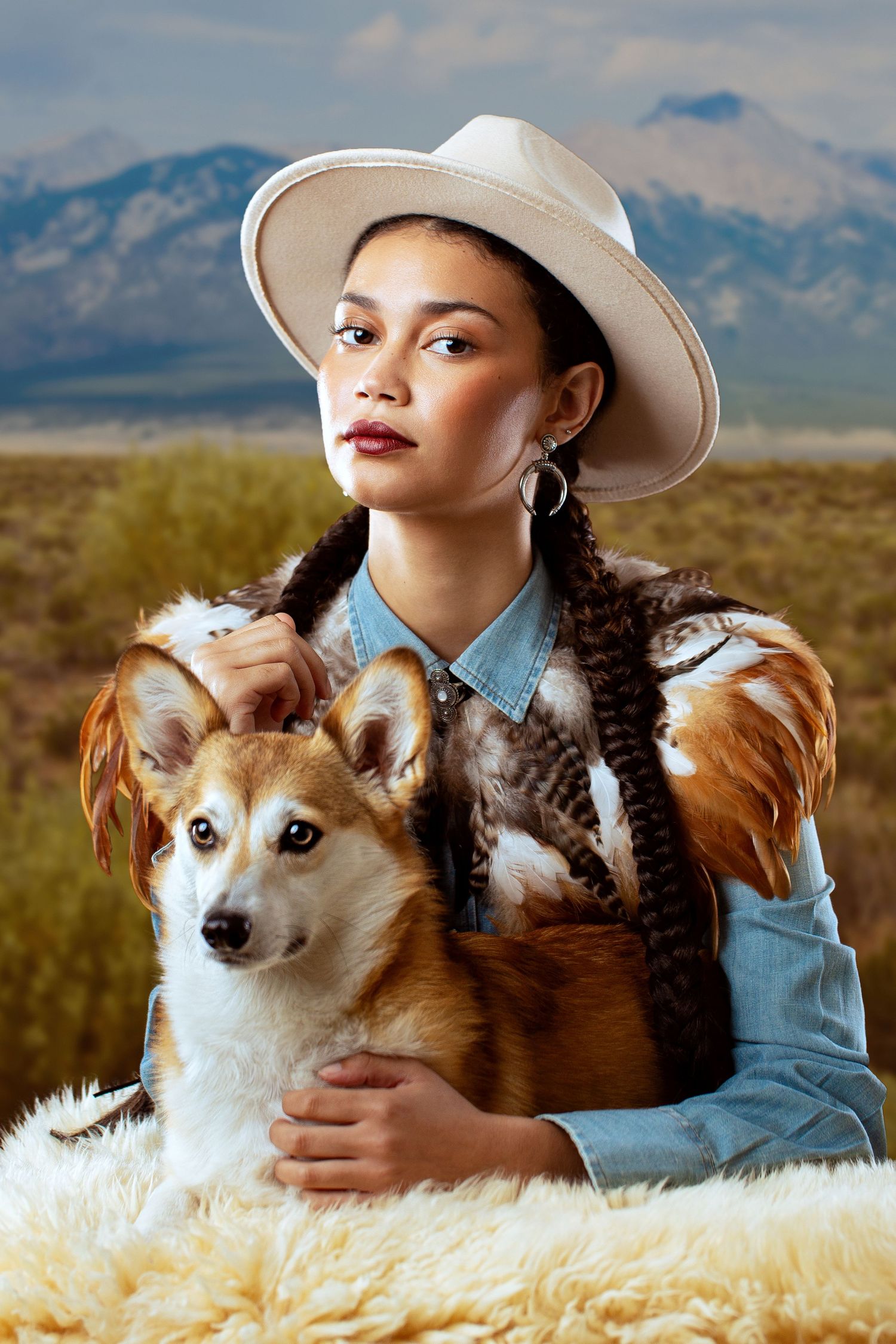 Studio portrait of a young woman in western wear and braids with her Pembroke Welsh Corgi.