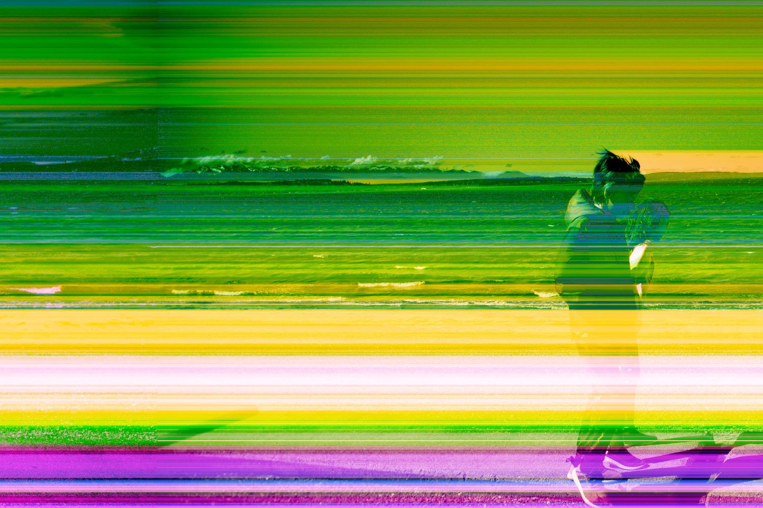 Abstract glitch art with vibrant green, yellow, and purple horizontal streaks featuring a silhouetted figure.