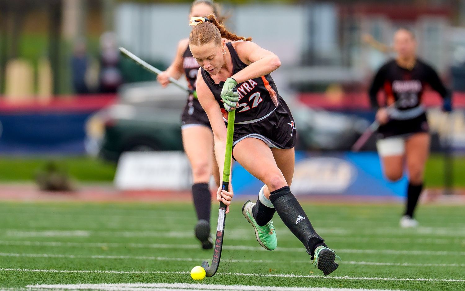 Palmyra Cougars field hockey player dribbling, PIAA championship coverage, by Deanna Fox, SportsFox Photography, Hershey PA