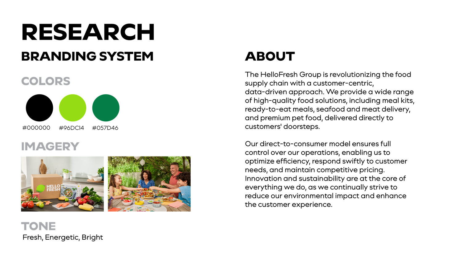 Branding system research slide showing color palette, imagery, and tone for HeltaFresh Group food supply company.