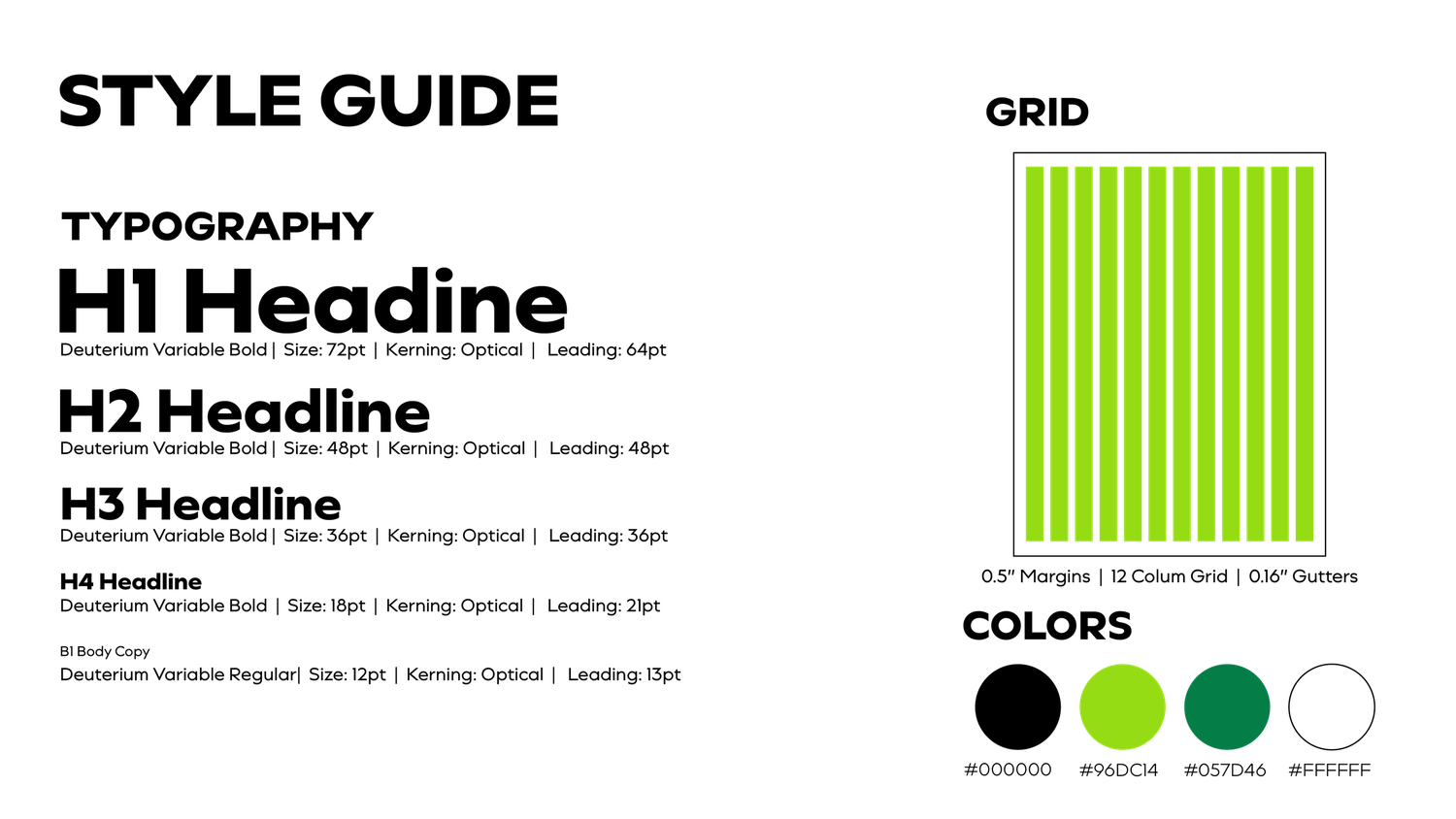 A style guide showing typography hierarchy, a green and white grid layout, and a color palette with black, green, and white swatches.