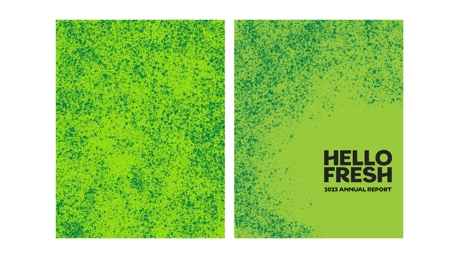HelloFresh 2023 Annual Report cover featuring vibrant green speckled dot pattern design on bright lime background.