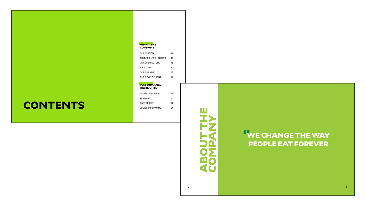 Green and white company brochure layout featuring Contents page and About The Company section with bold typography.