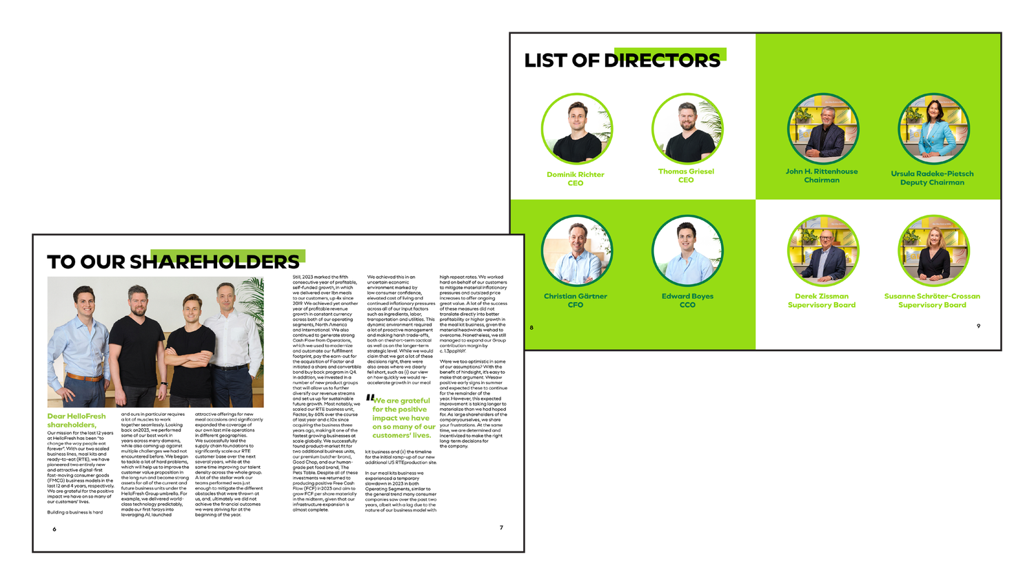 Annual report spread showing shareholder letter and list of directors with circular headshots on green and white layout.
