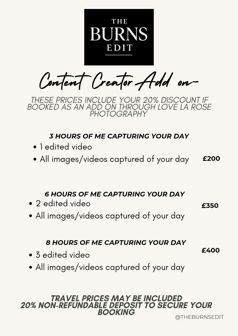 The Burns Edit content creator wedding add-on pricing packages starting from £200.