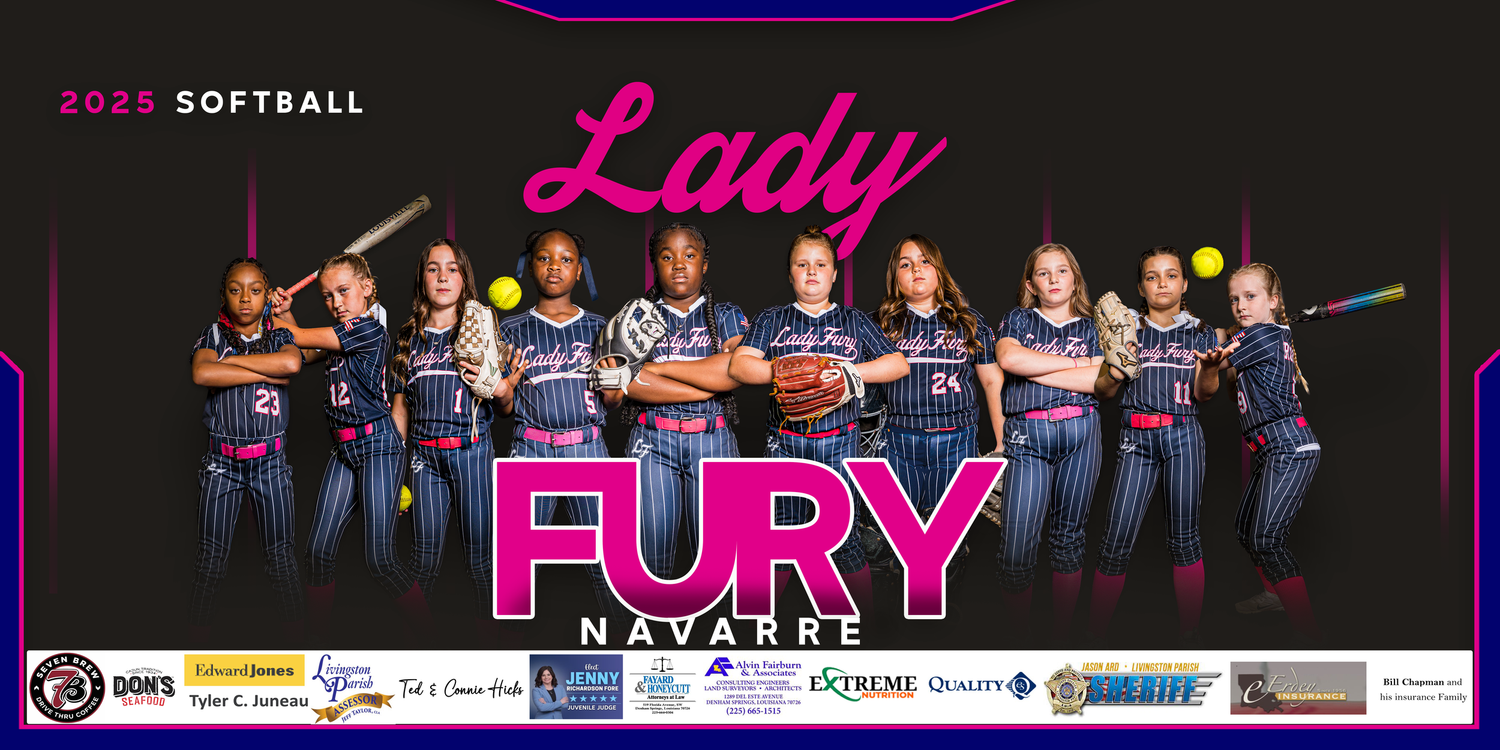 Lady Fury softball team banner featuring players in navy pinstriped uniforms against dark background.