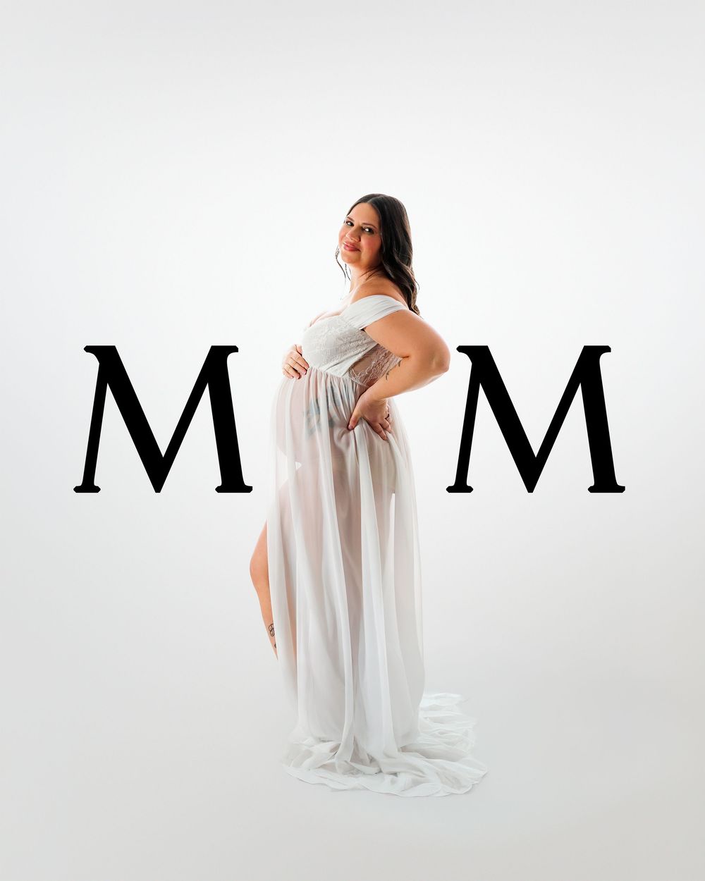 A figure in a flowing white dress poses gracefully against a minimalist white backdrop in an artistic photo series.