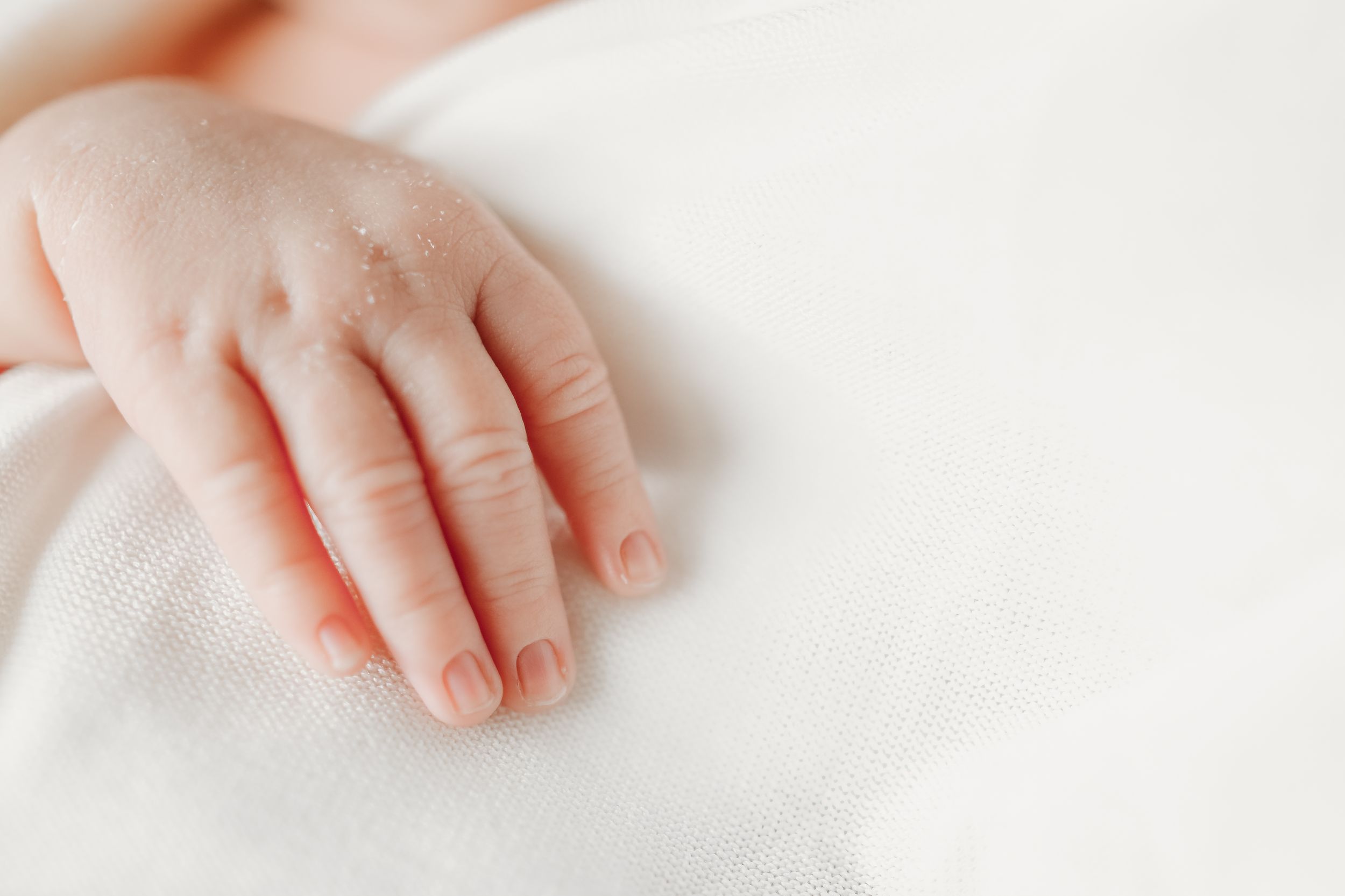 Close-up of tiny baby hands resting on white fabric.