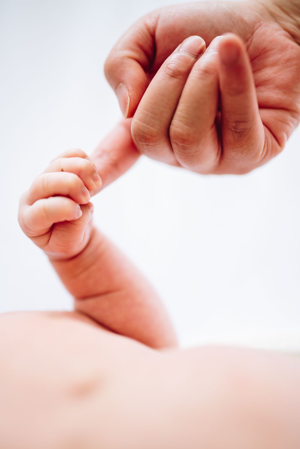 Close-up photo of an adult hand holding a tiny baby's hand showing gentle touch and care taken by Melbourne newborn photographer.
