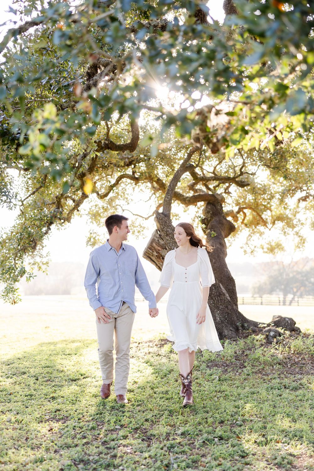 A couple holds hands while walking together under a sunlit tree on a grassy hill.