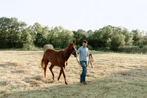 Dreamy travel portrait session McAlester Oklahoma, man with horse in golden light, vintage-inspired grainy photography.
