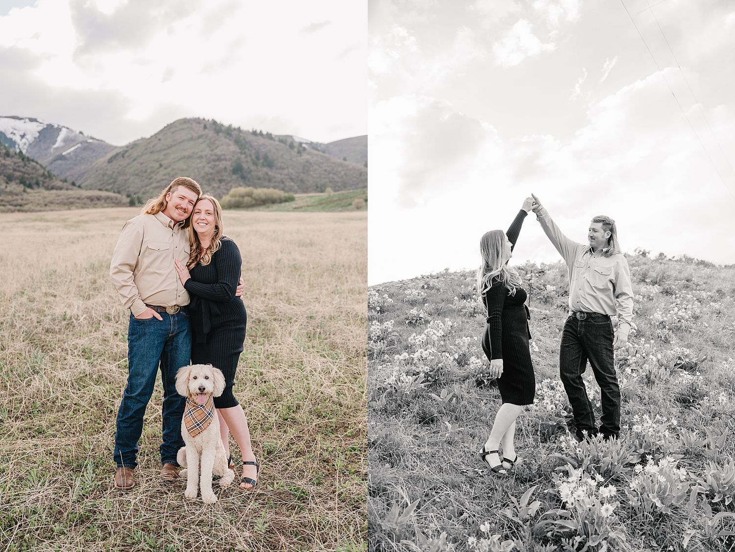 A couple and their dog pose together in a scenic mountain meadow with a split view of color and black and white photos.