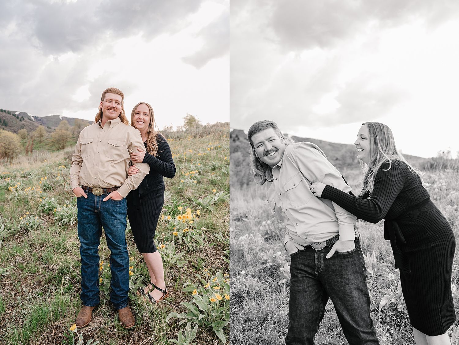 A couple standing together outdoors on a grassy hillside shown in both color and black and white photos.