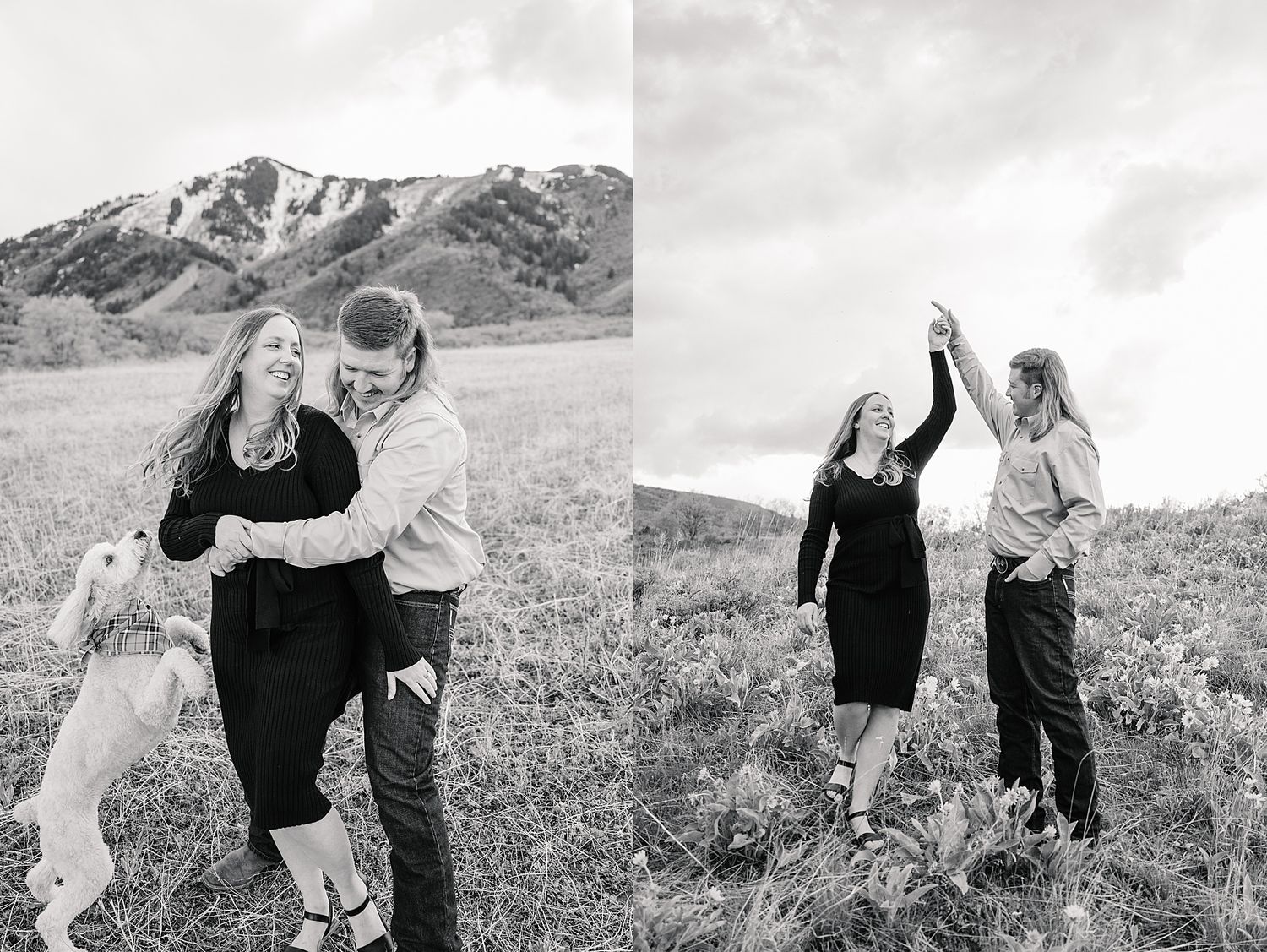 A black and white photo split showing a couple dancing and embracing in a scenic mountain meadow with their dog.