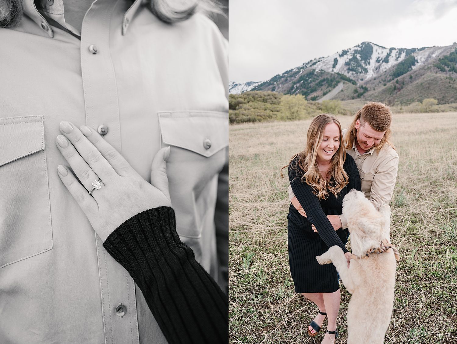 Two side-by-side photos showing a close-up engagement ring and a couple celebrating outdoors with their dog in mountain scenery.