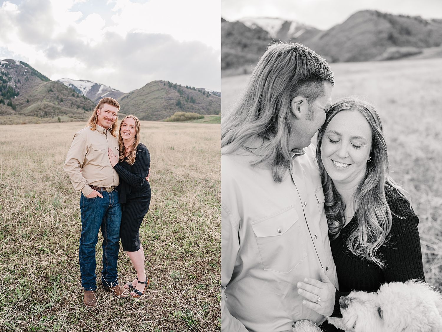 A couple stands together in a grassy field with mountains in the background, shown in artistic split photo composition.