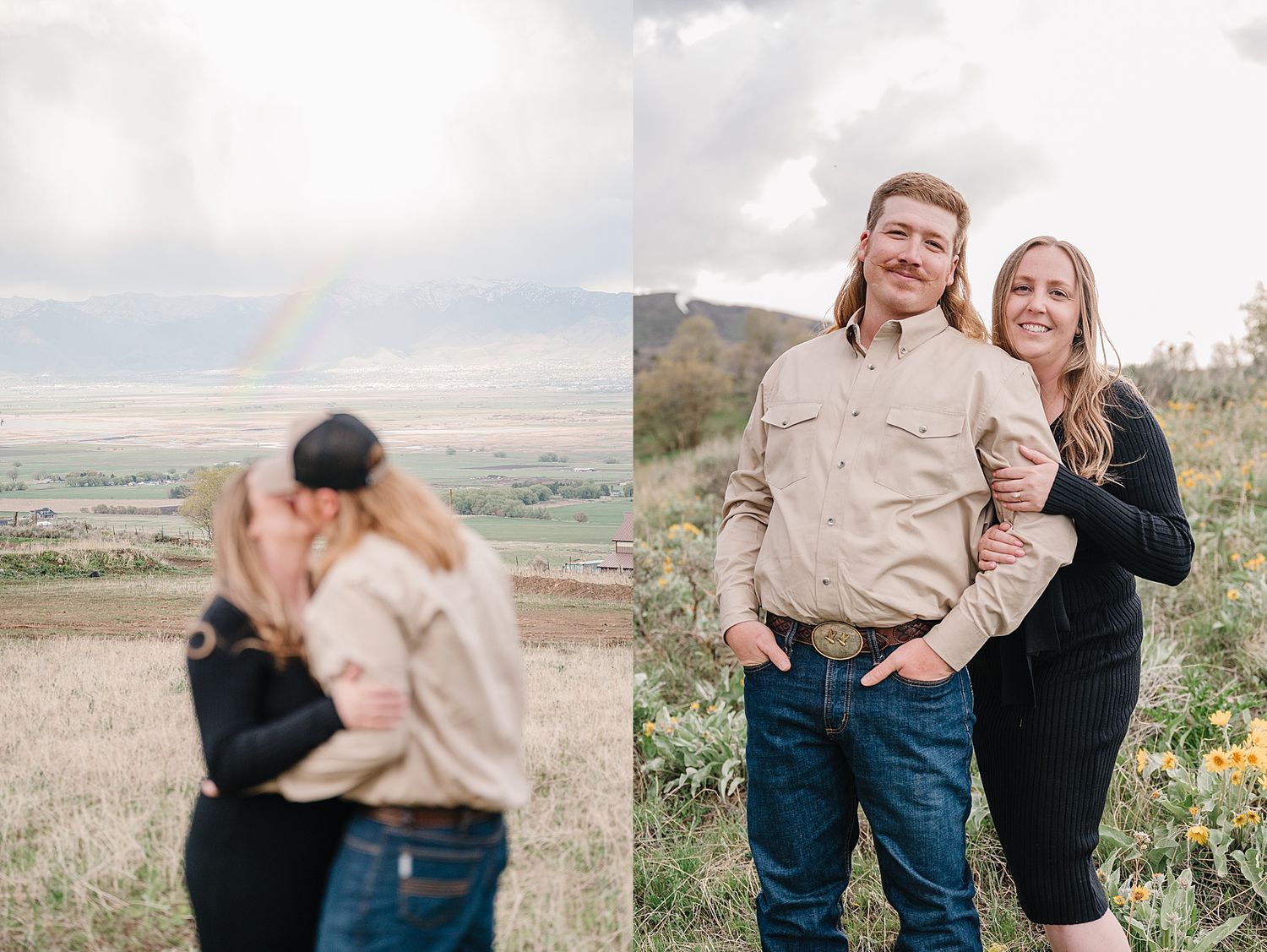 Two side-by-side portraits of a couple outdoors with a scenic mountain landscape in the background.