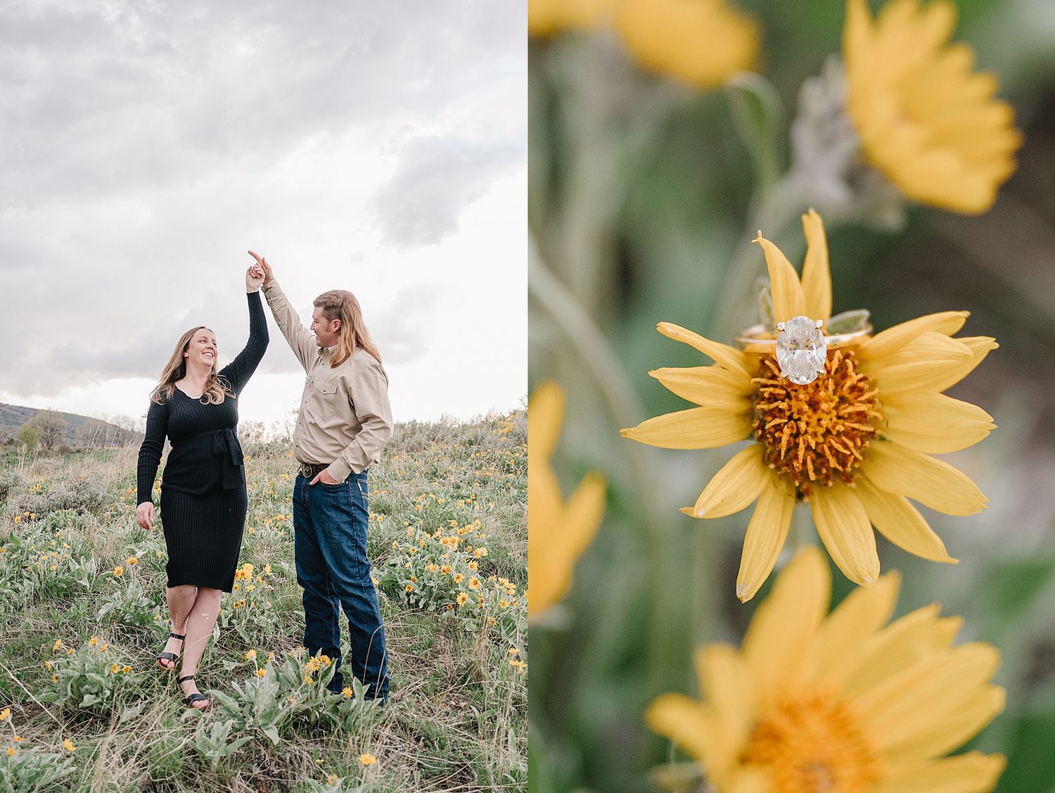 A diptych showing two people on a grassy hillside and a bright yellow wildflower with a bee collecting pollen.