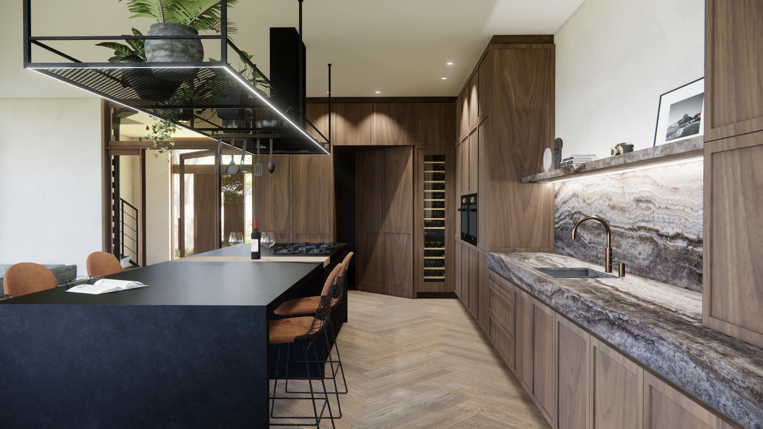 Contemporary interior with floor-to-ceiling windows, wooden paneling, and black architectural elements.