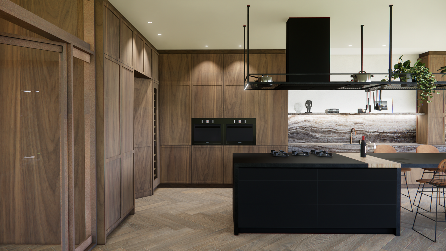 Sleek kitchen and dining area featuring dark counters, wooden cabinetry, and pendant lighting.