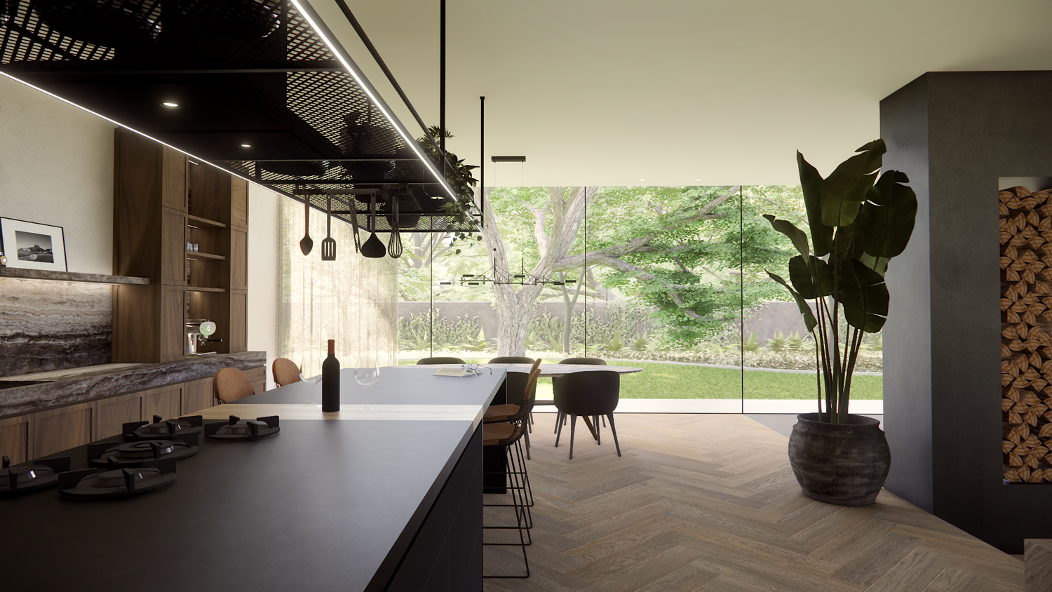 Open-plan interior with wooden features, black accents, and large windows connecting to outdoor scenery.