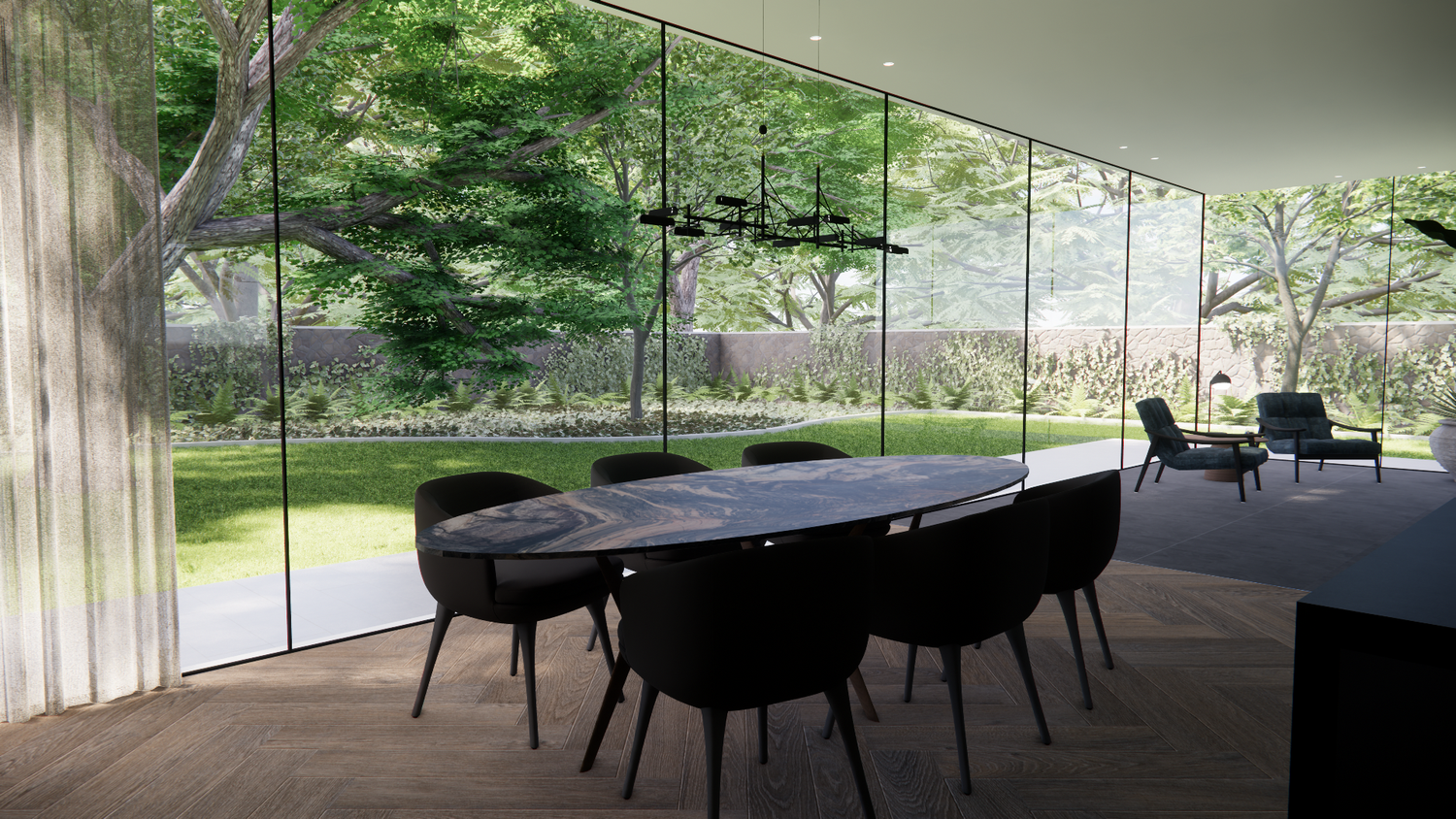 Expansive dining area with black furniture and panoramic windows showcasing lush garden views.