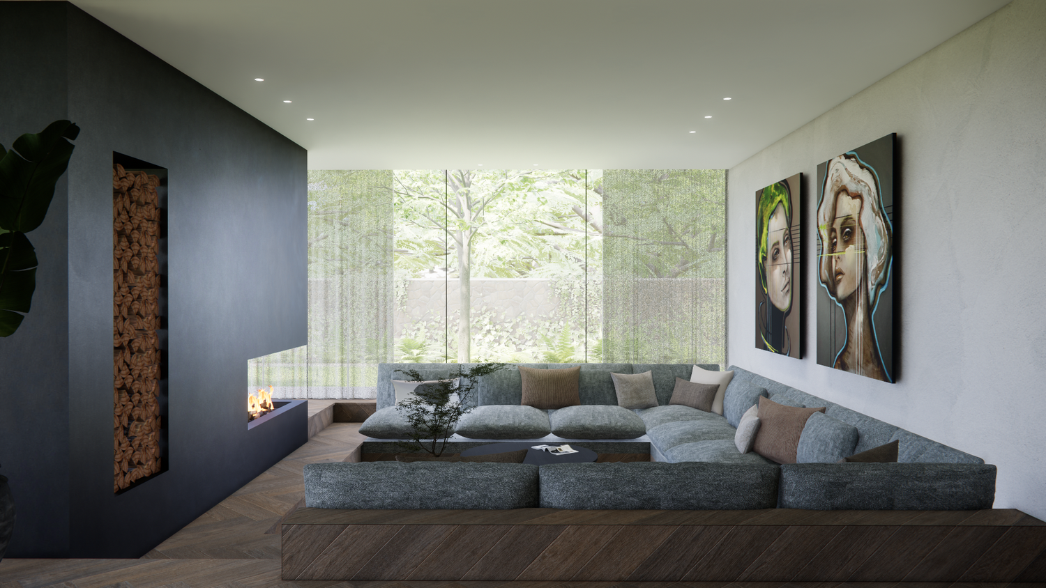 Luxurious living space with contemporary artwork, grey furnishings, and floor-to-ceiling windows.