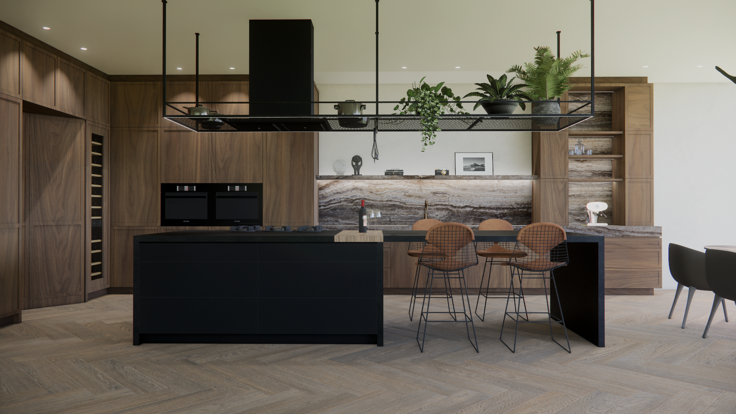 Elegant interior space combining wood finishes, black elements, and natural lighting from large windows.