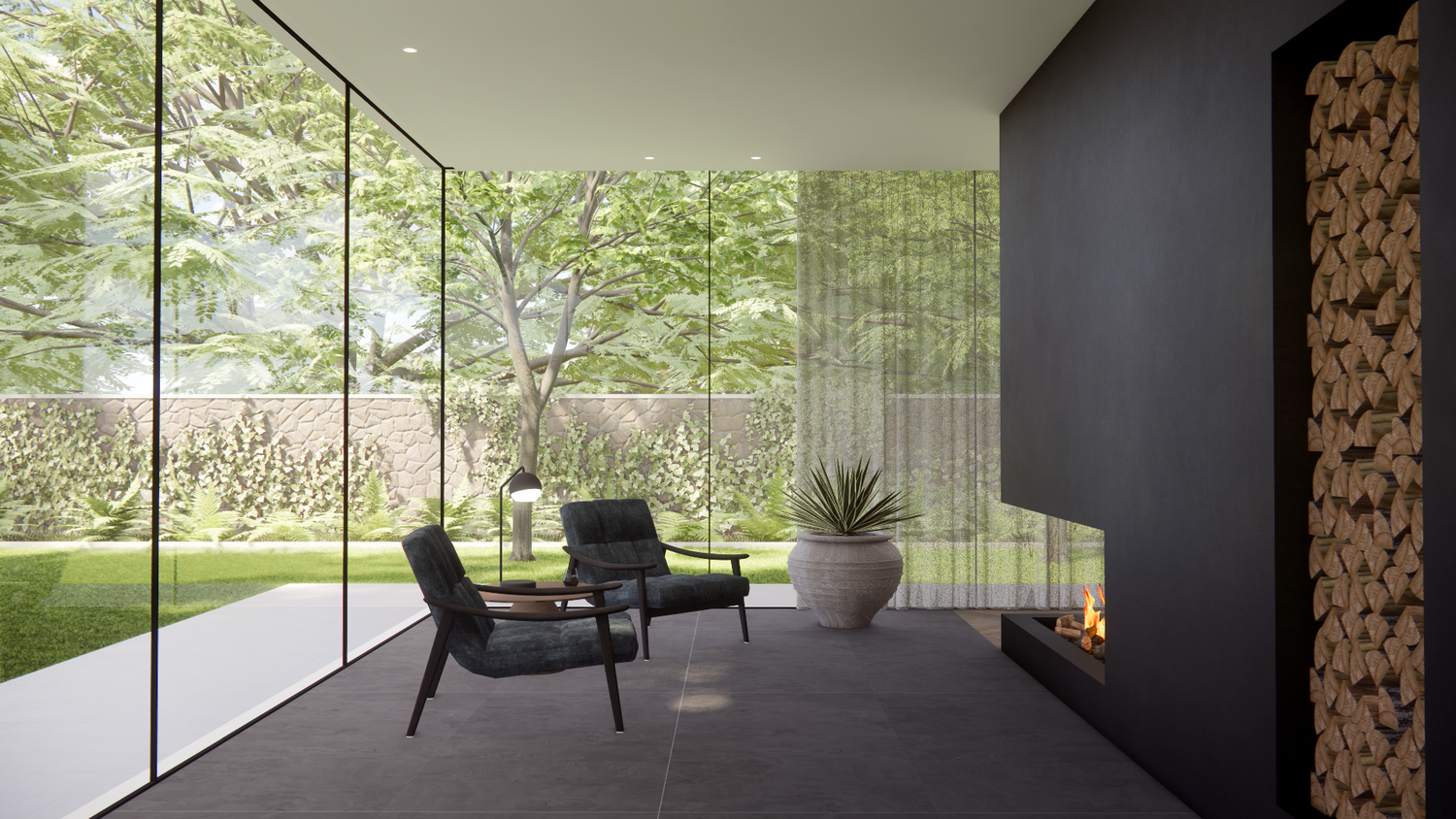 Modern architectural design featuring glass walls, wooden details, and indoor-outdoor living spaces.