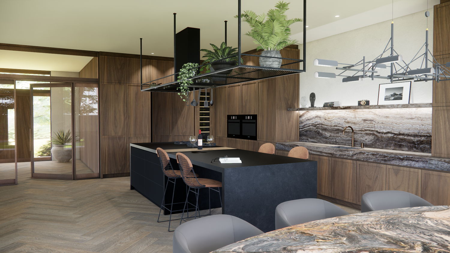 Modern kitchen with dark island, wood cabinets, herringbone floors and pendant lighting in contemporary style.