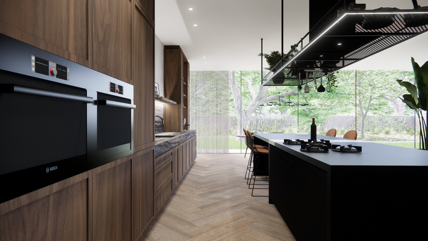 Sleek kitchen with black countertops, wooden cabinetry and floor-to-ceiling windows overlooking greenery.