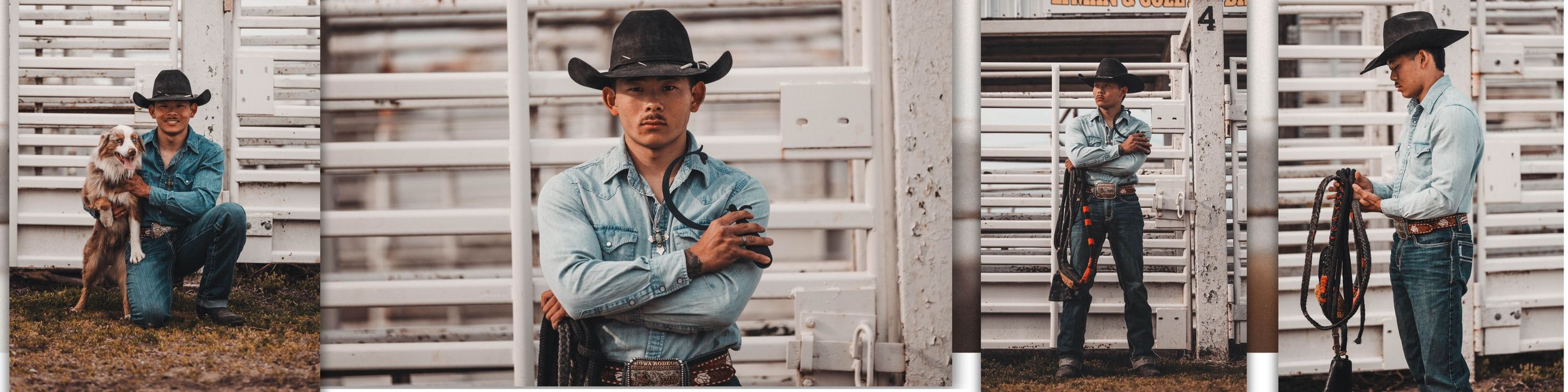 Western country-themed lifestyle photo series showing rustic barn wood backgrounds with denim and cowboy hat styling.