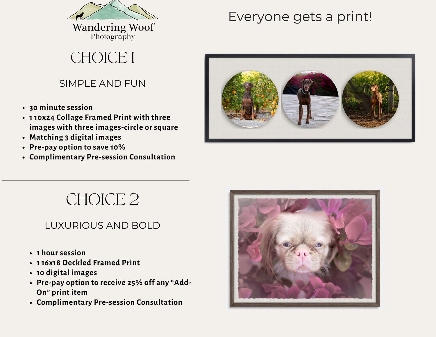 A collage of photography website design elements showing print options and sample images in a clean layout format.