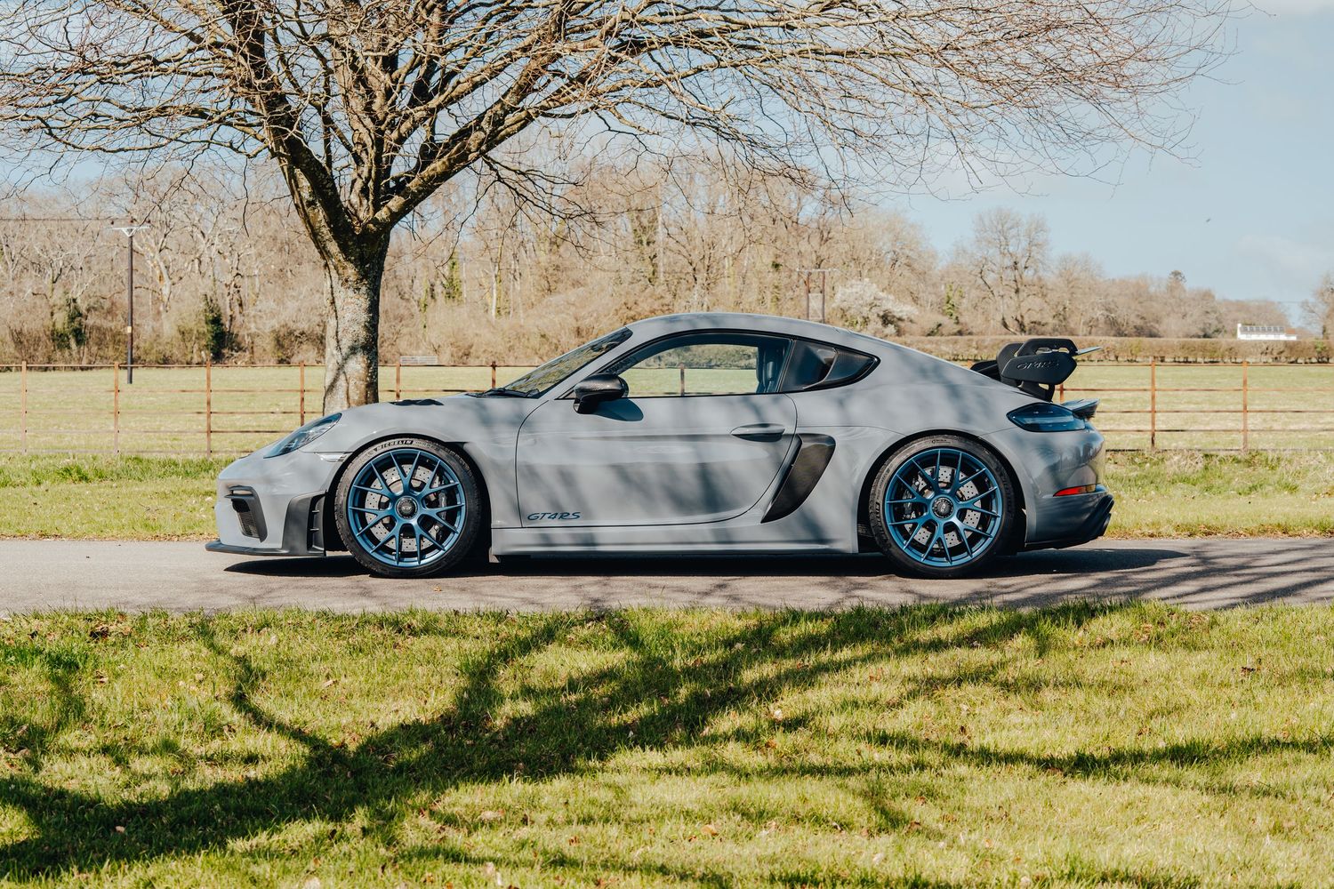 Blue sports car captured with motion blur on curved road.