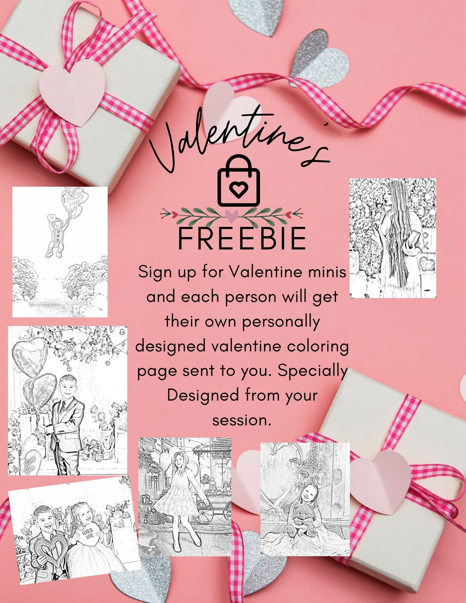Pink and white Valentine's themed promotional banner with gingham ribbons and coloring page designs on a coral background.