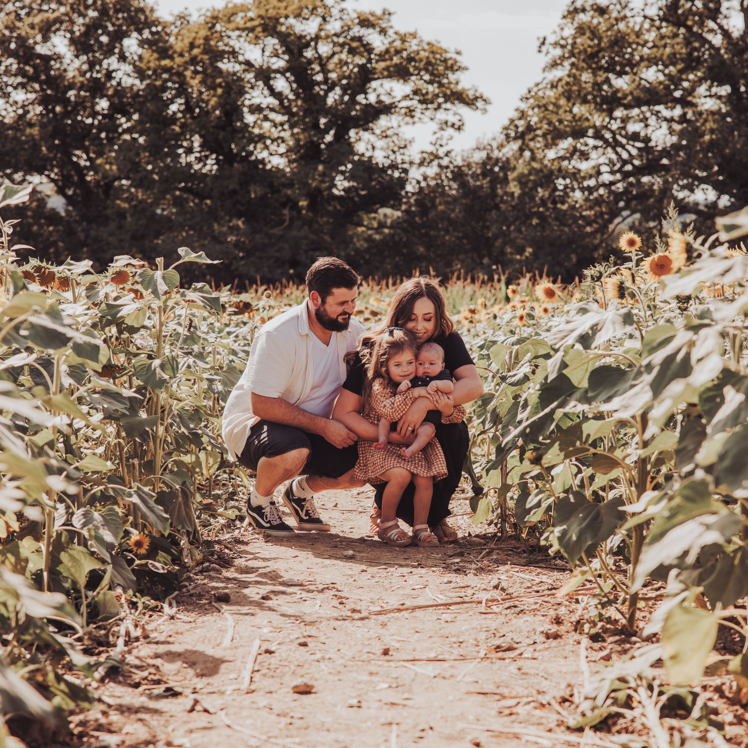 Family sitting together on a path surrounded by sunflowers during a relaxed outdoor photoshoot.