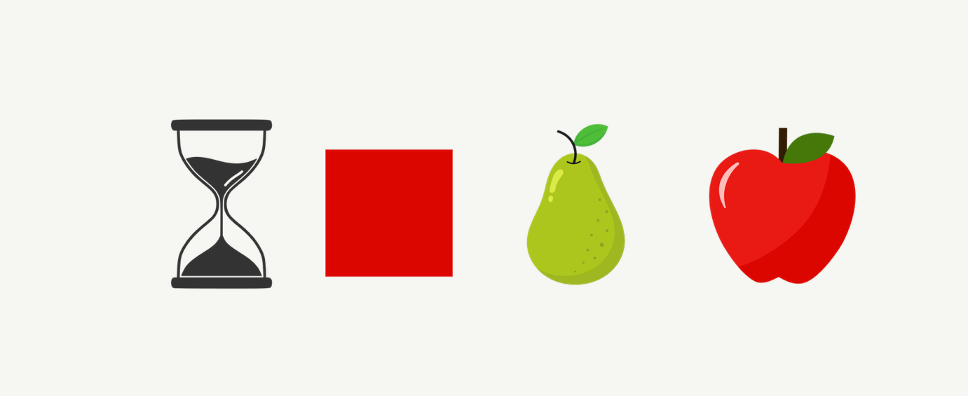 A row of simple icons showing an hourglass, red square, green pear, and red apple against a white background.