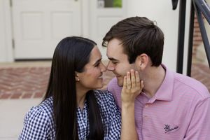 Romantic couple in casual attire sharing intimate moments in a series of outdoor photos.
