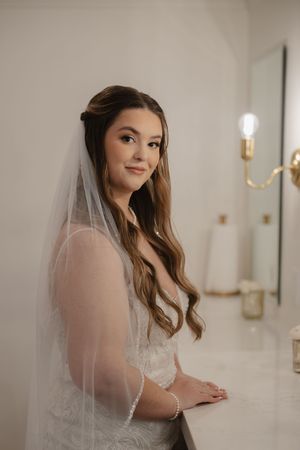 Elegant bridal portraits in a light-filled room featuring a delicate veil and classic wedding gown.