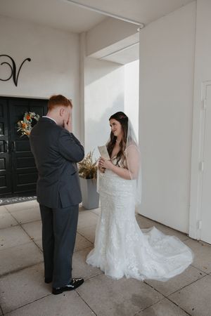 A series of intimate wedding moments captured in an indoor setting with white walls and minimal decor.