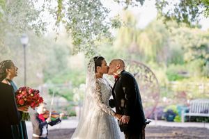 A romantic wedding photo collage showing outdoor ceremony moments, floral arrangements, and intimate couple portraits in a garden setting.