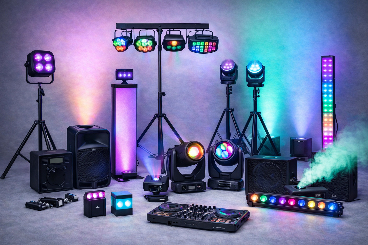 Professional audio equipment including speakers, microphones, and sound systems arranged in a row on white background.