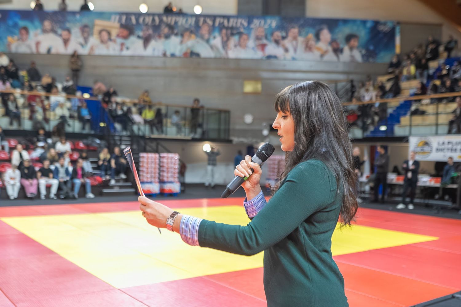 A martial arts competition takes place in a gymnasium with spectators watching from the stands.