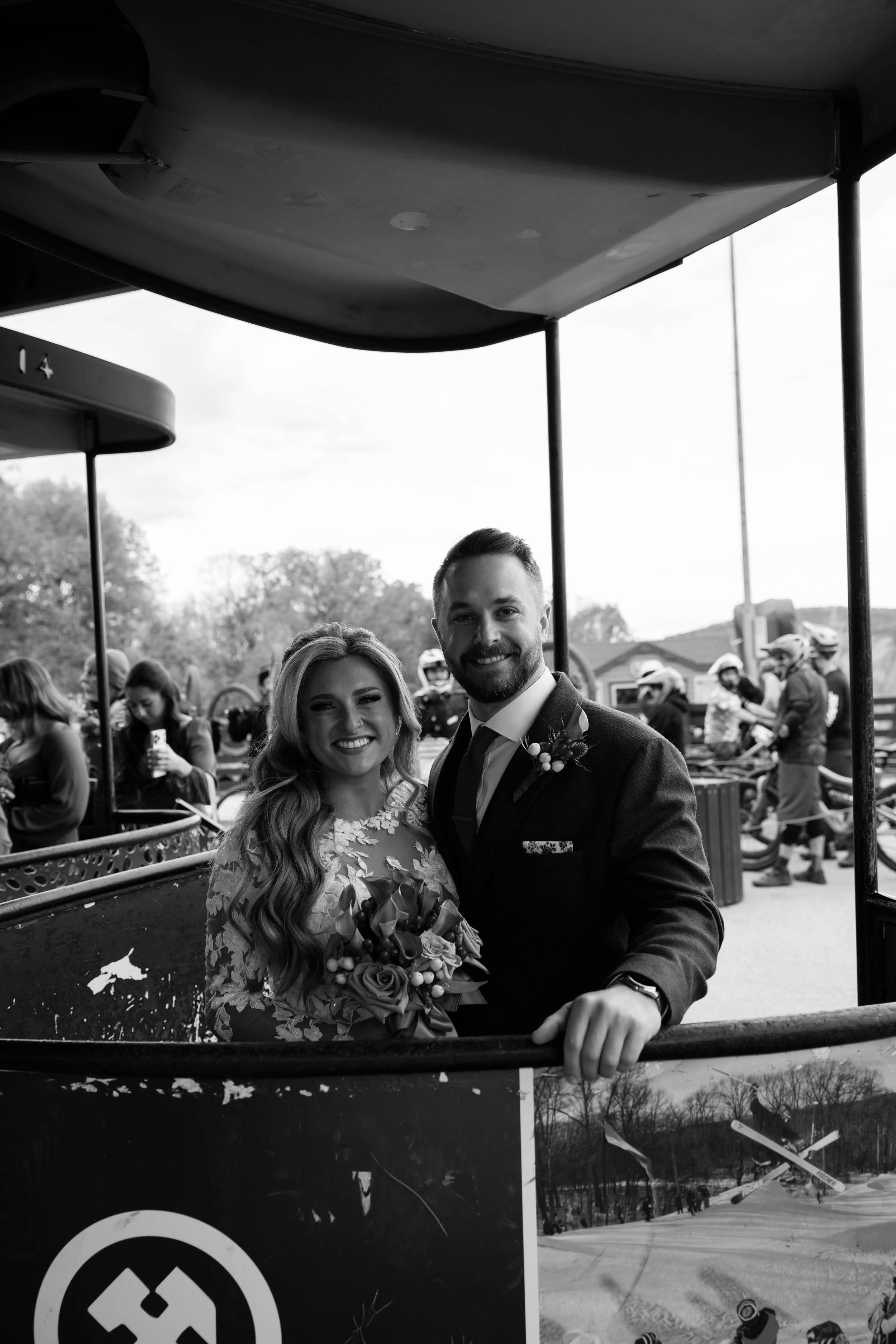 Wedding guests ride in golf carts during an outdoor celebration. Mountain Creek NJ Wedding Photos from Sarah Jane Photography LLC | NJ weddi