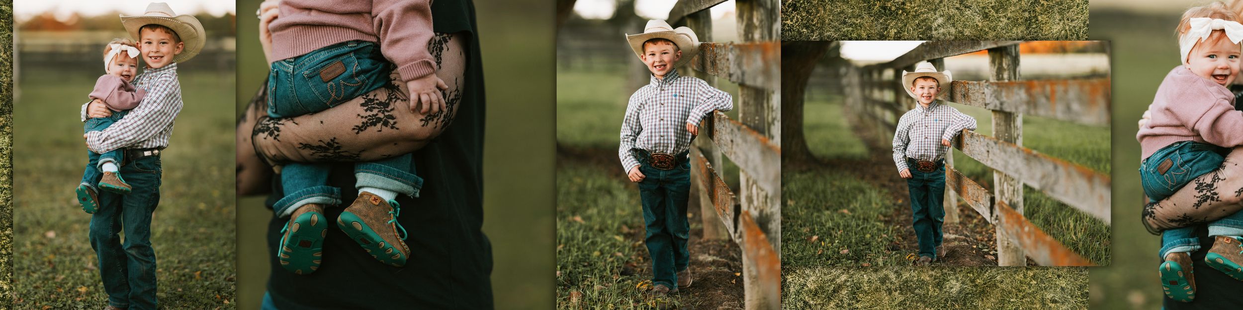 A series of candid outdoor family portraits showing playful interactions and embraces in a natural setting.