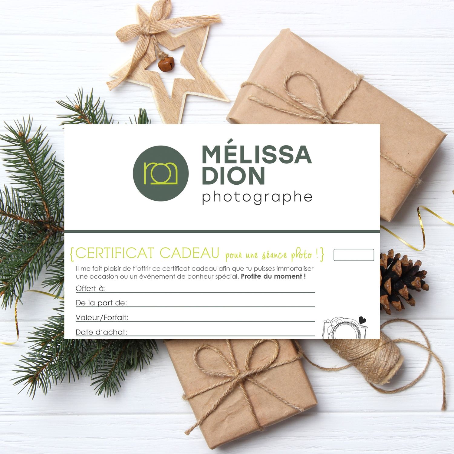 Gift certificate mockup with wooden star decoration, pine branches and wrapped presents on white background.