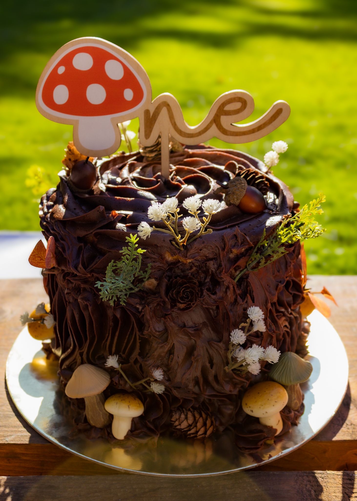Woodland-themed first birthday chocolate cake decorated with mushrooms, acorns, and a red toadstool topper spelling 'one'.