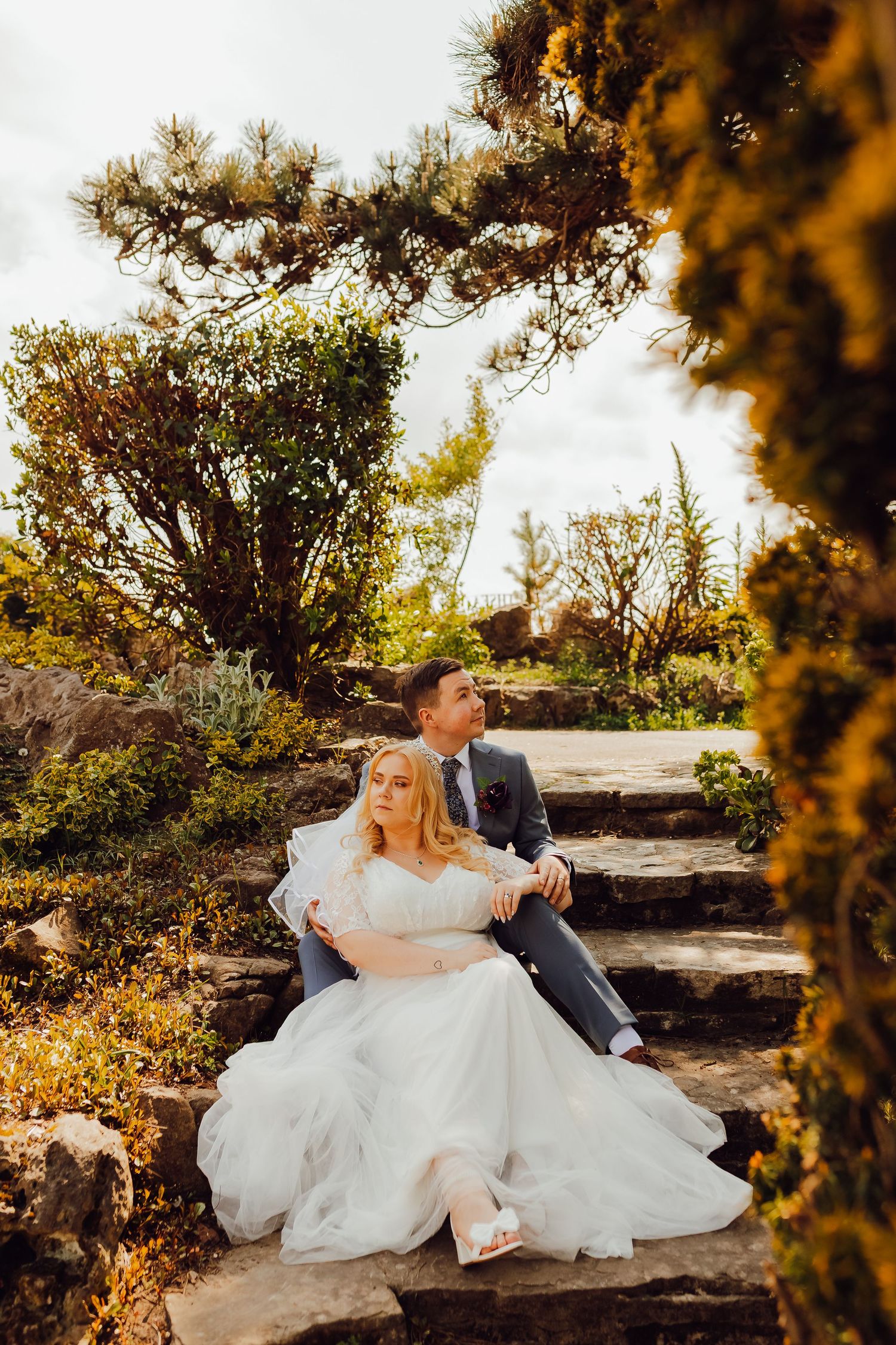 Wedding couple portrait in Southsea Rock Garden, Portsmouth, elegant coastal wedding photography