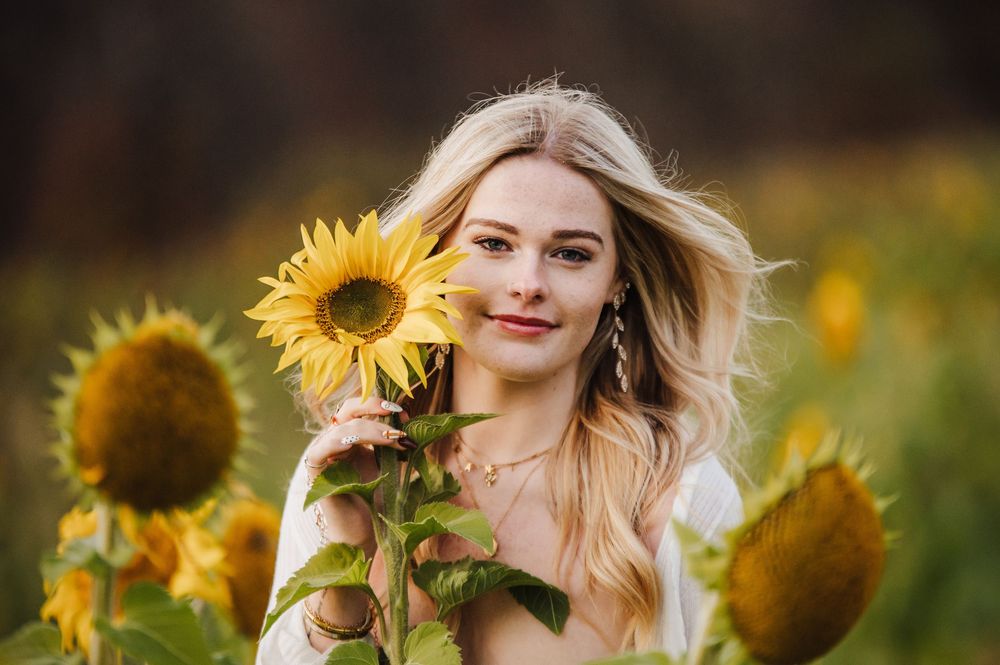 Vibrant yellow sunflowers in a golden field during sunset.